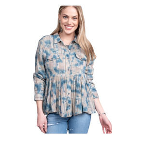 Ivy Jane Top Size L Beige Tie Dye Button Up Cotton Hi Low Cotton Peplum Peasant